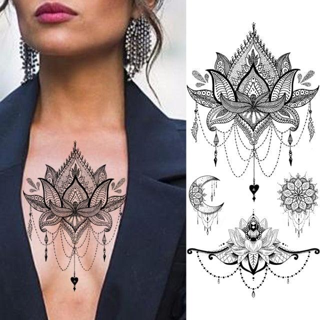 Women's Fashion Flower Temporary Tattoos Sticker Fake Rose Waterproof Large Realistic Black Colorful Flowers Tattoos - TaTTTy