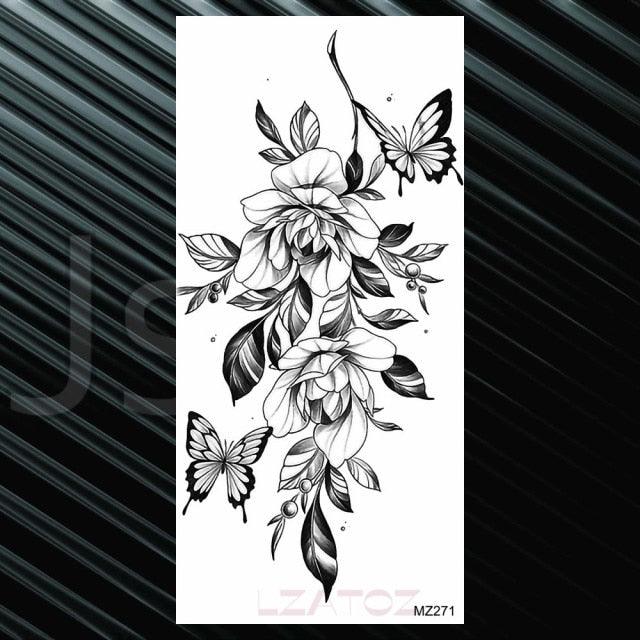 Women's Fashion Flower Temporary Tattoos Sticker Fake Rose Waterproof Large Realistic Black Colorful Flowers Tattoos - TaTTTy