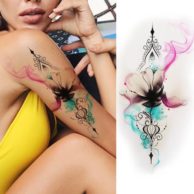 Women's Fashion Flower Temporary Tattoos Sticker Fake Rose Waterproof Large Realistic Black Colorful Flowers Tattoos - TaTTTy