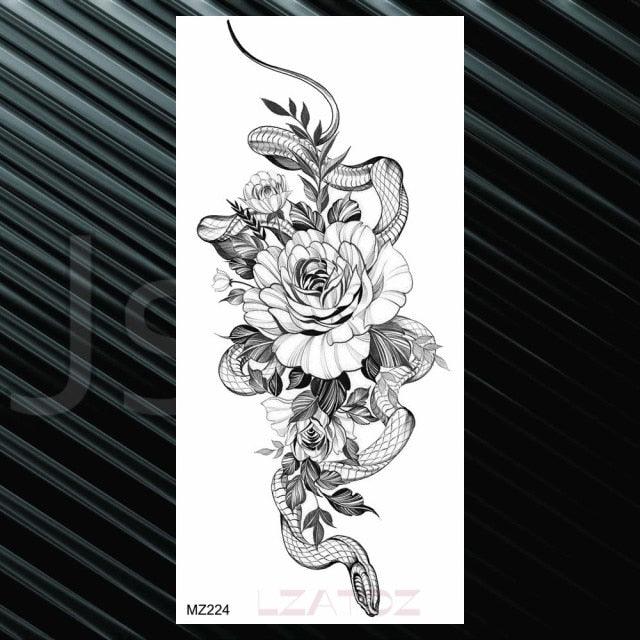 Women's Fashion Flower Temporary Tattoos Sticker Fake Rose Waterproof Large Realistic Black Colorful Flowers Tattoos - TaTTTy