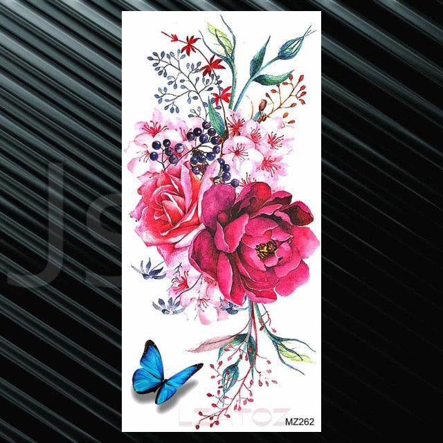 Women's Fashion Flower Temporary Tattoos Sticker Fake Rose Waterproof Large Realistic Black Colorful Flowers Tattoos - TaTTTy