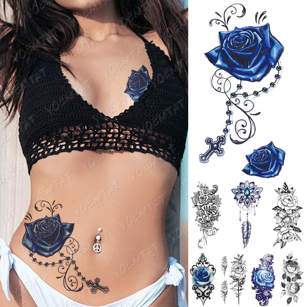 Womens Waterproof Temporary Tattoo Sticker Blue Flower Luxury Big Tatoo For Body Arm - TaTTTy